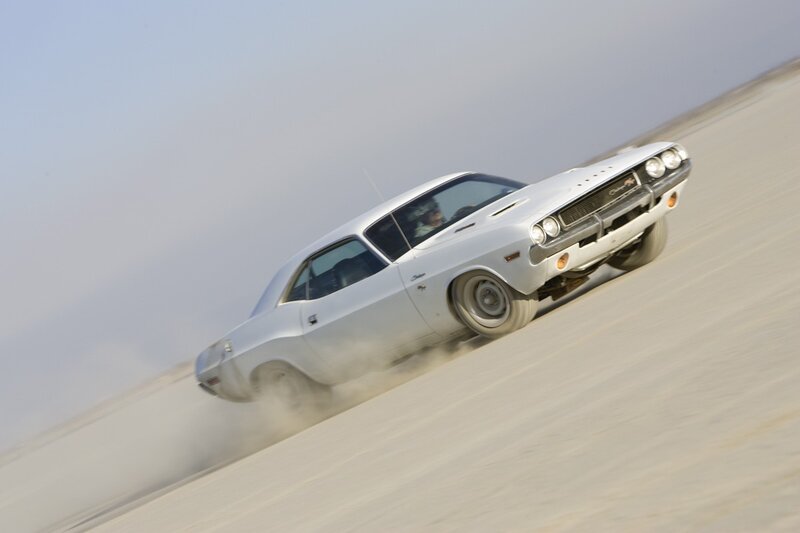 White Muscle Car — Dynamic, Afternoon, Photograph, Dust