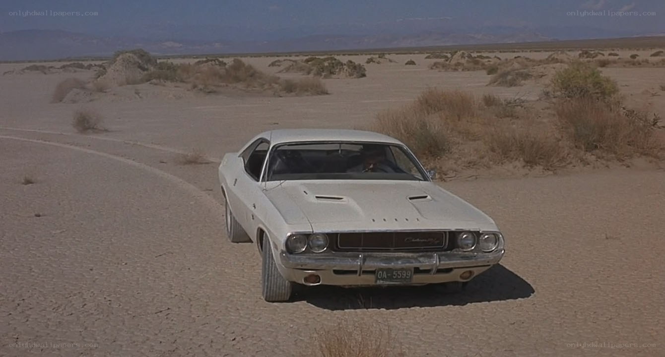 White muscle car in desert