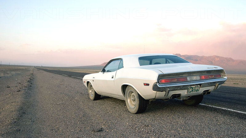 White muscle car on desert road