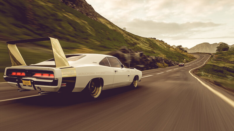 White Muscle Car on Road — Dynamic
