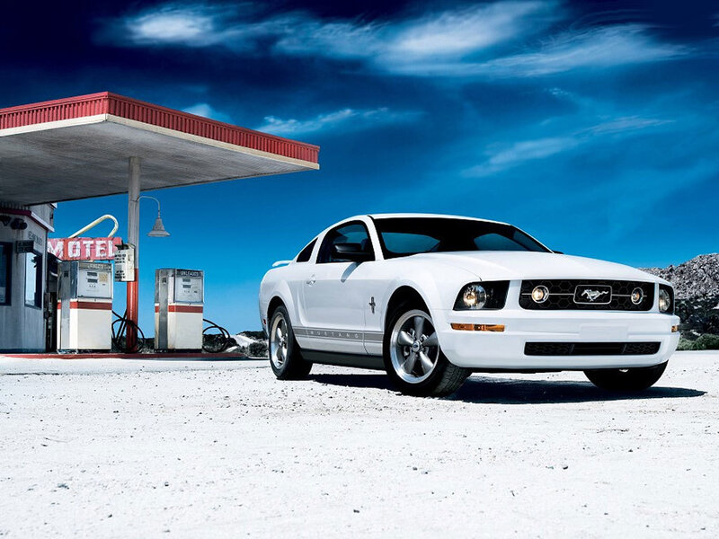 White Mustang at gas station