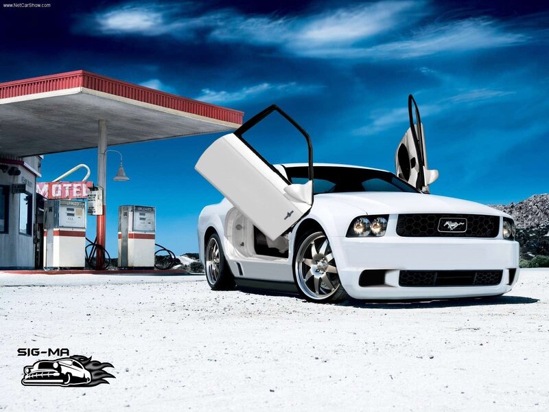 White Mustang at gas station