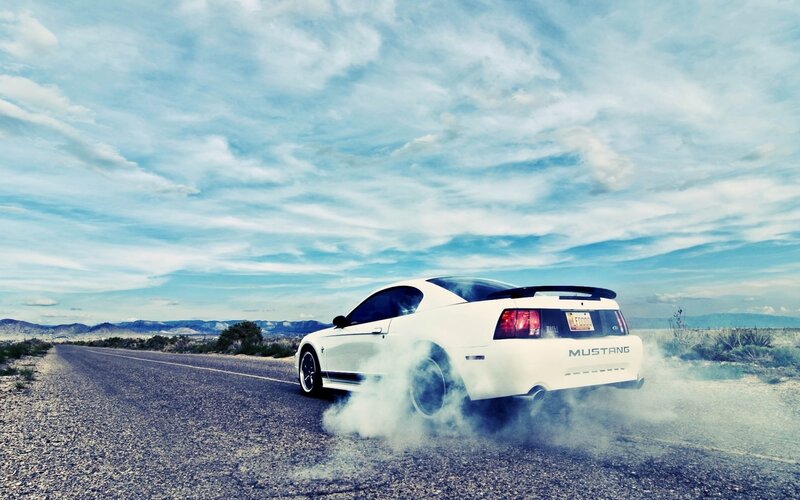 White Mustang Car — Dramatic, Afternoon, Photograph, Road
