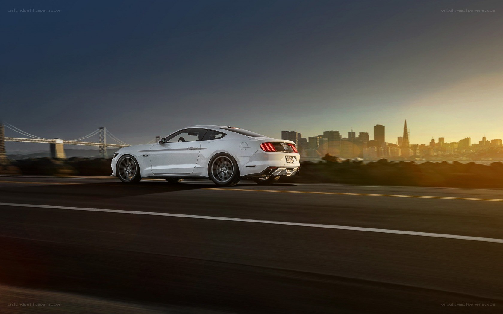 White Mustang on city road