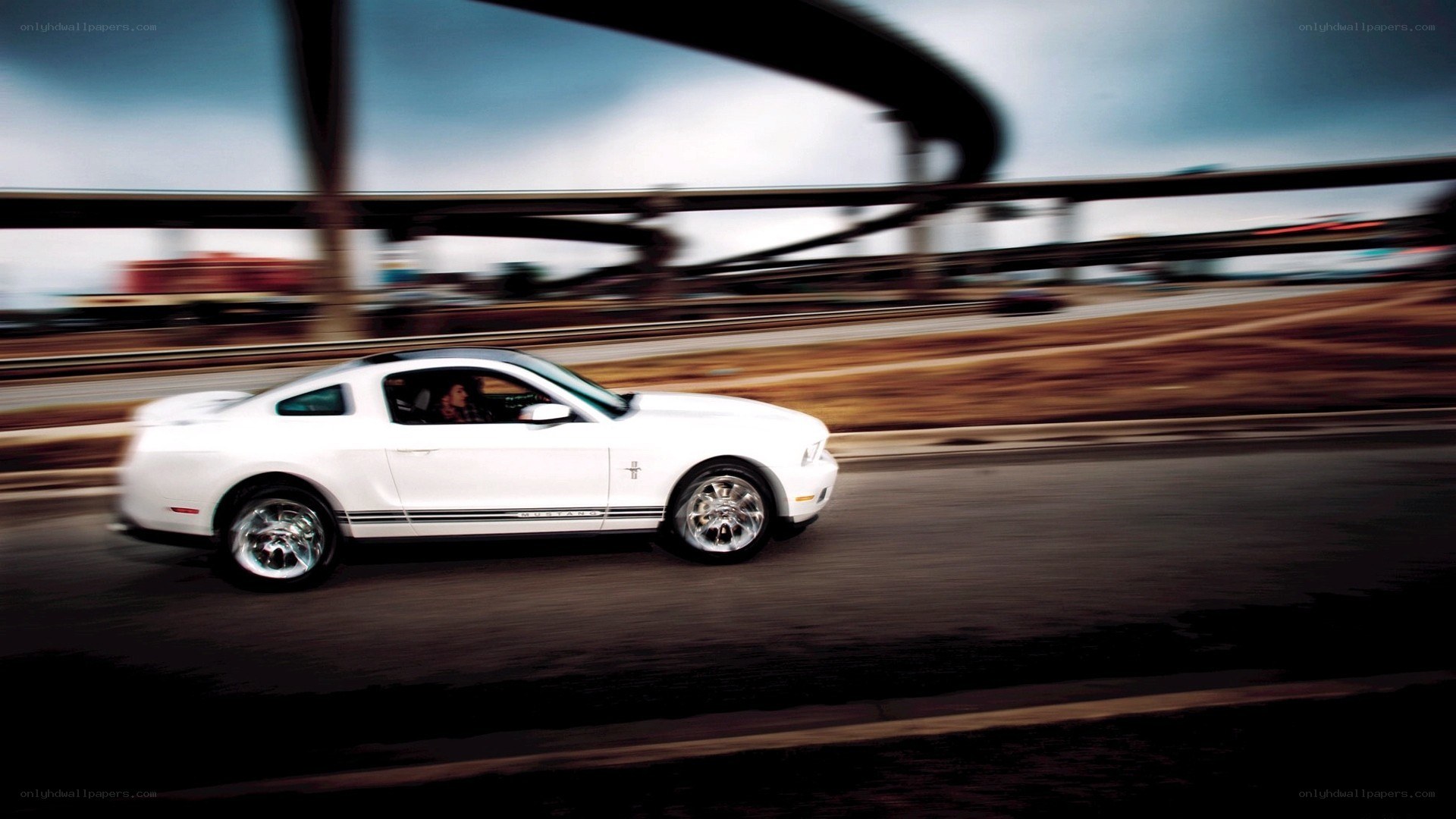 white mustang on highway