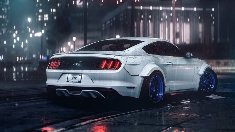 white mustang on rainy street