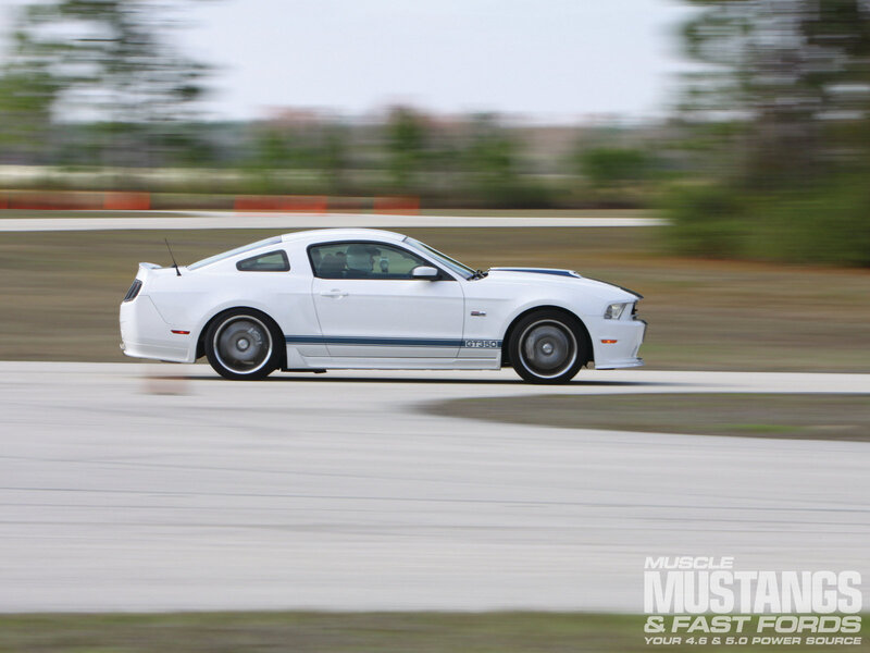 White Mustang on Track — Dynamic