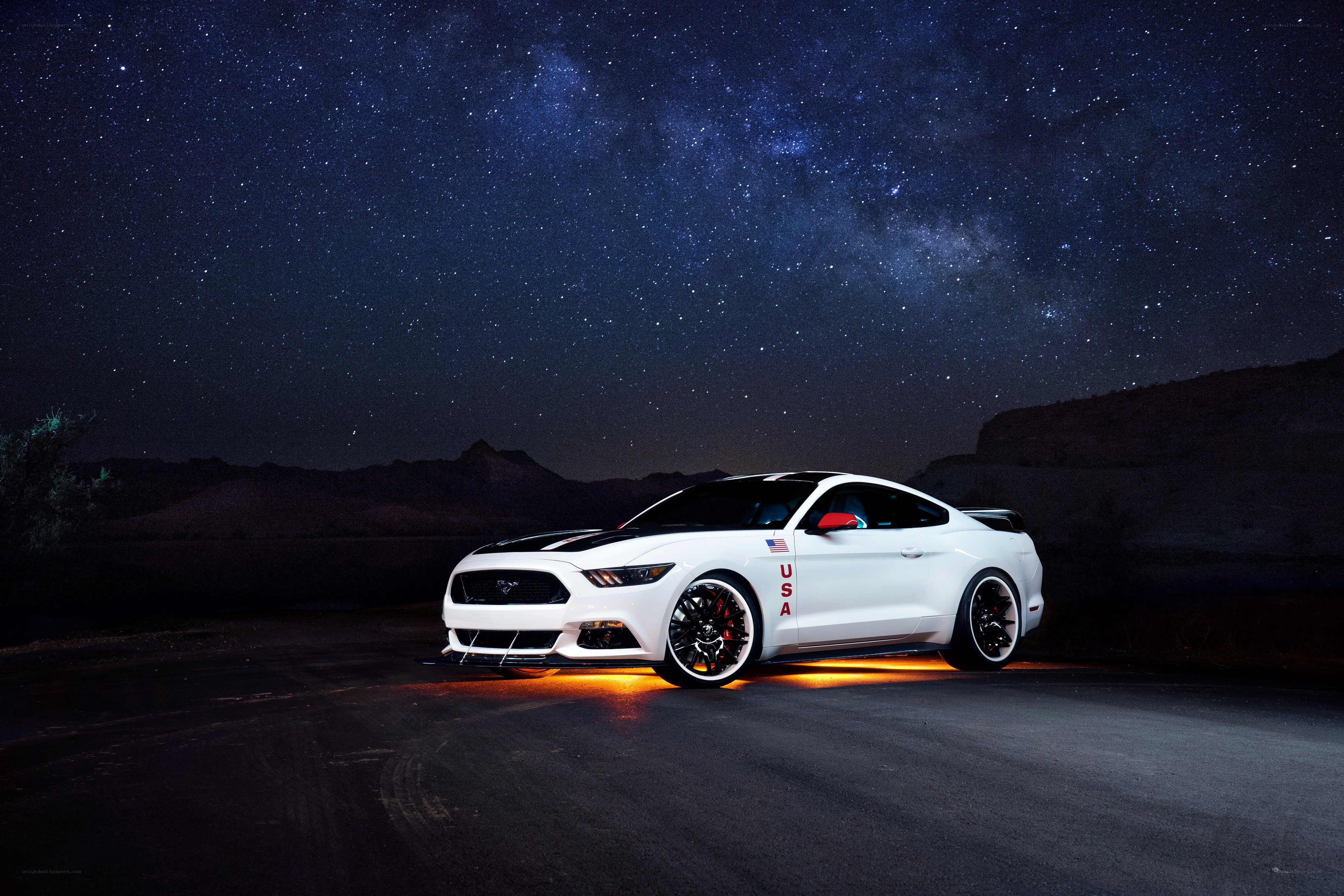 White Mustang under starry sky