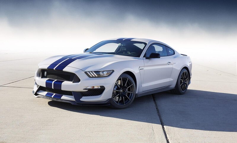 White Mustang with Blue Stripes — Dramatic