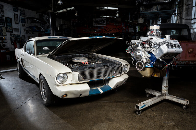 White Mustang with Engine