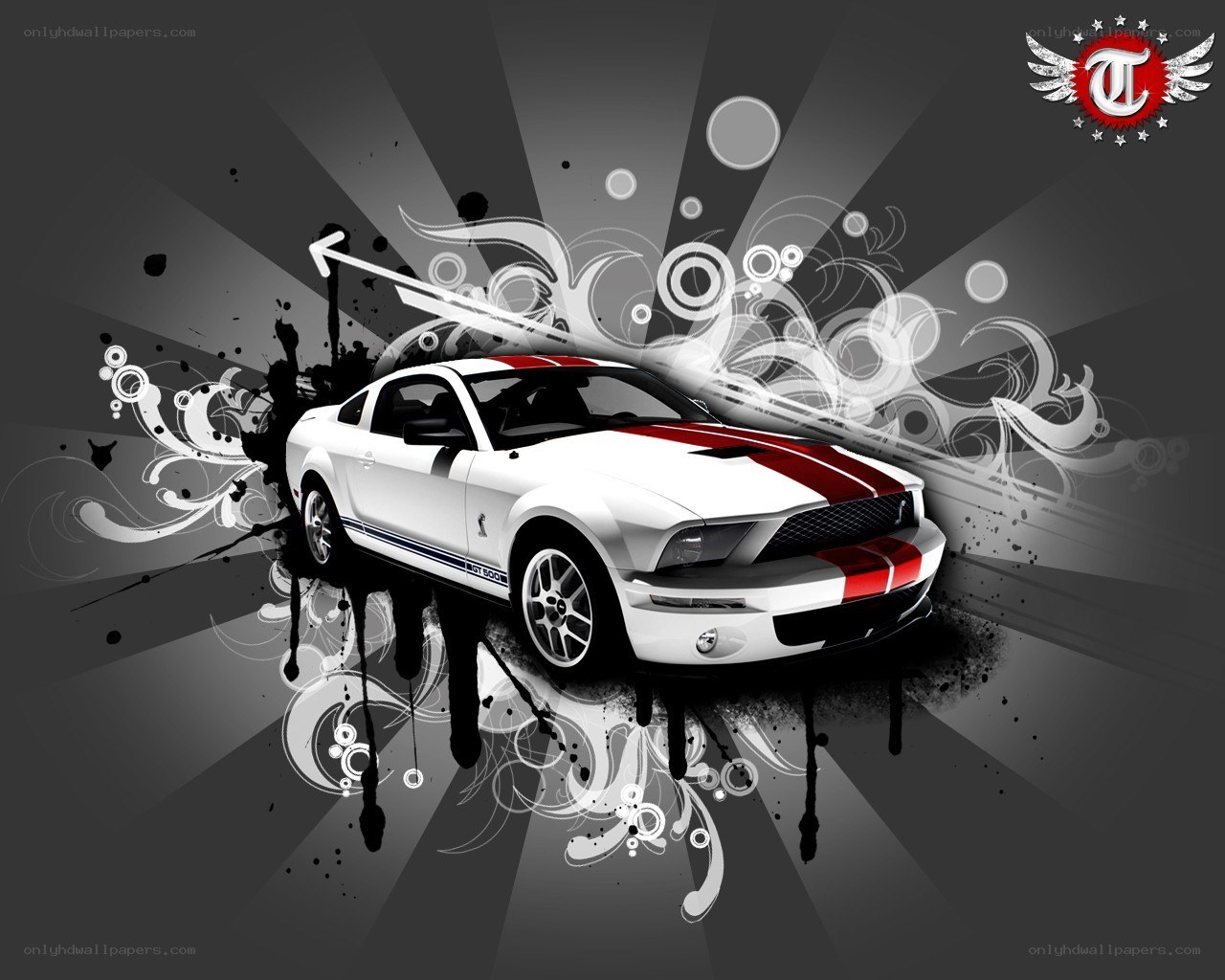 white mustang with red stripes