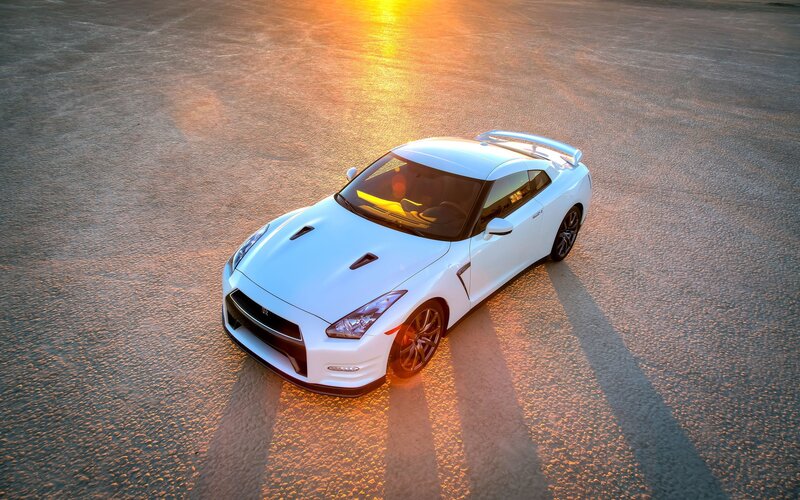 White Nissan GT-R at sunset