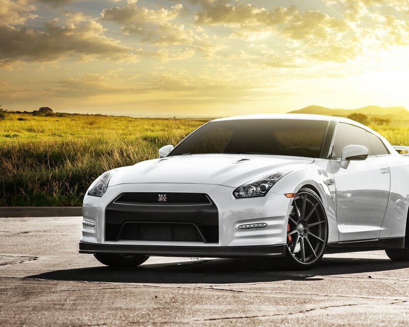 White Nissan GT-R at sunset