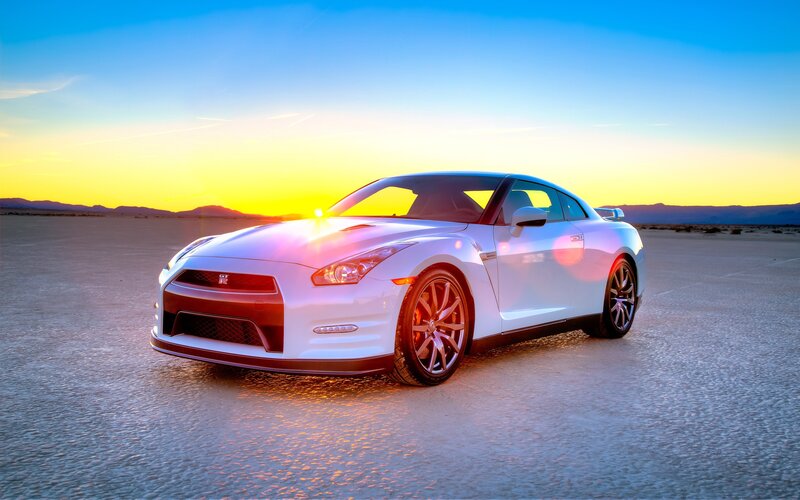 White Nissan GT-R at sunset