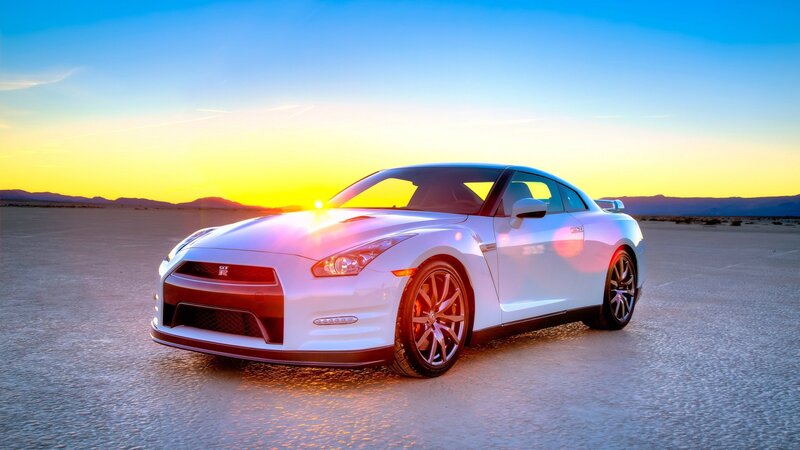 White Nissan GT-R at sunset