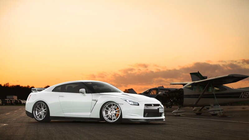White Nissan GT-R at sunset