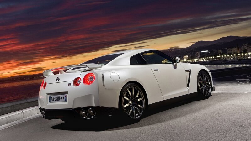 White Nissan GT-R at sunset