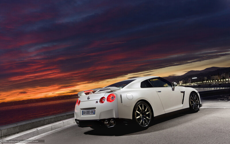 White Nissan GT-R at sunset