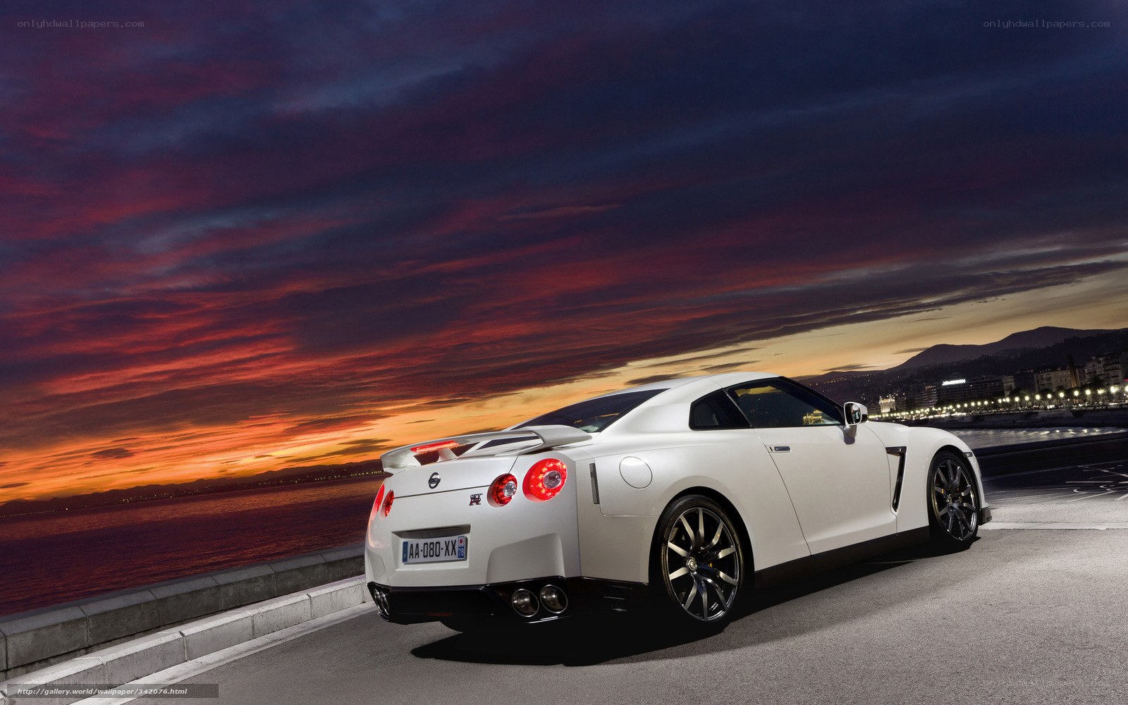 White Nissan GT-R at sunset