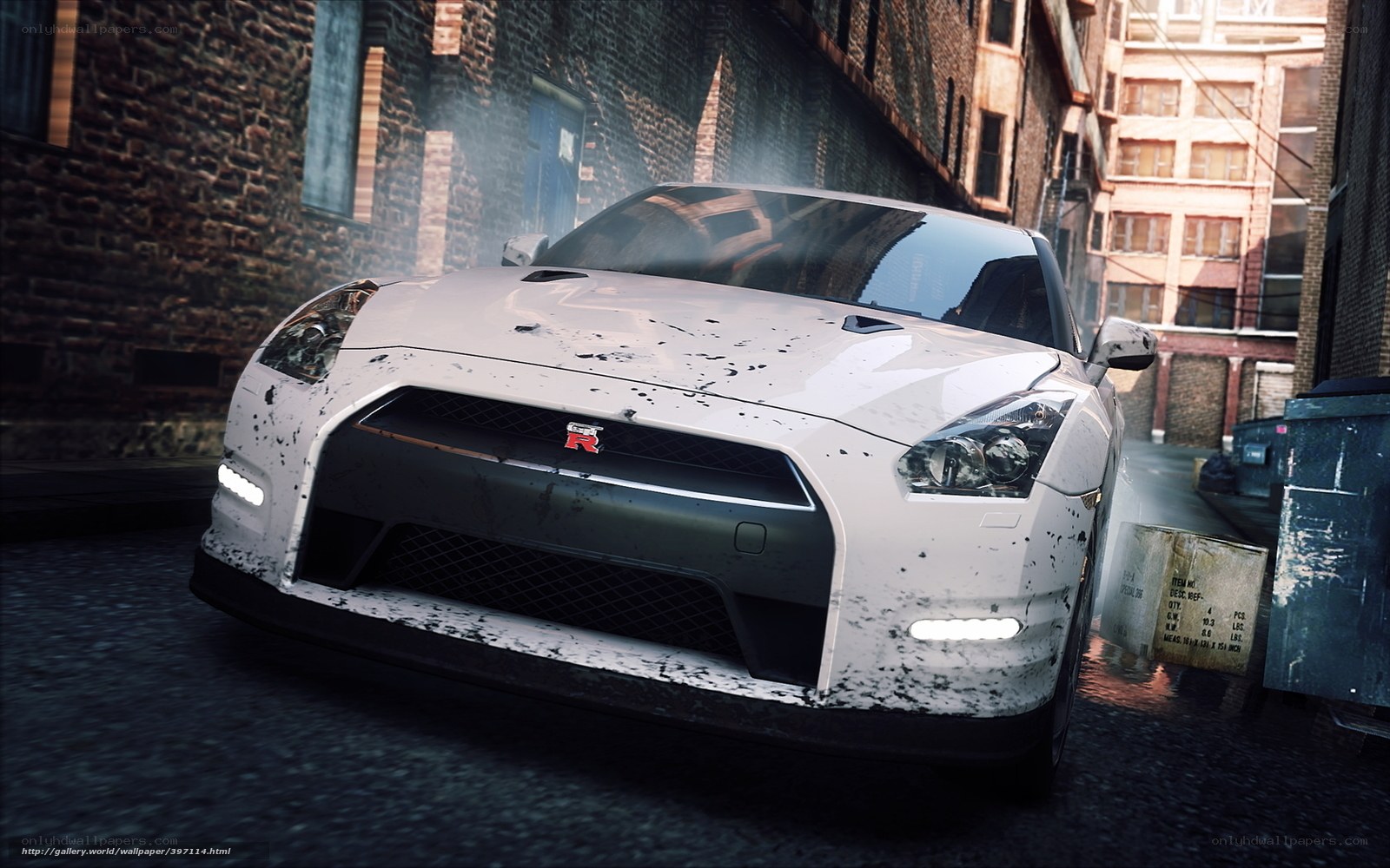 white nissan gt-r in alley