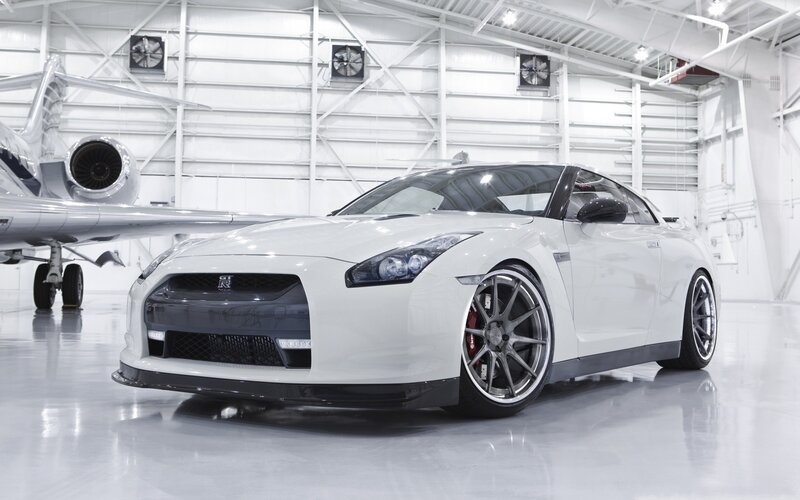 White Nissan GT-R in hangar