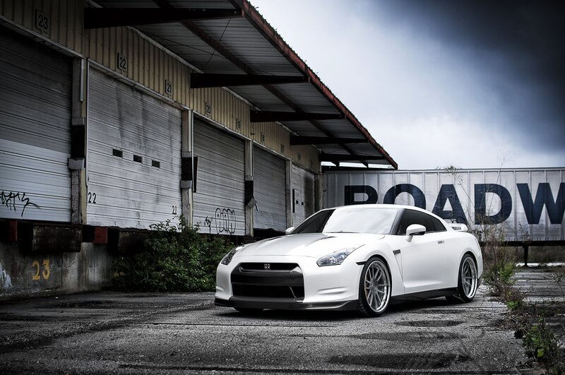 White Nissan GT-R in industrial lot