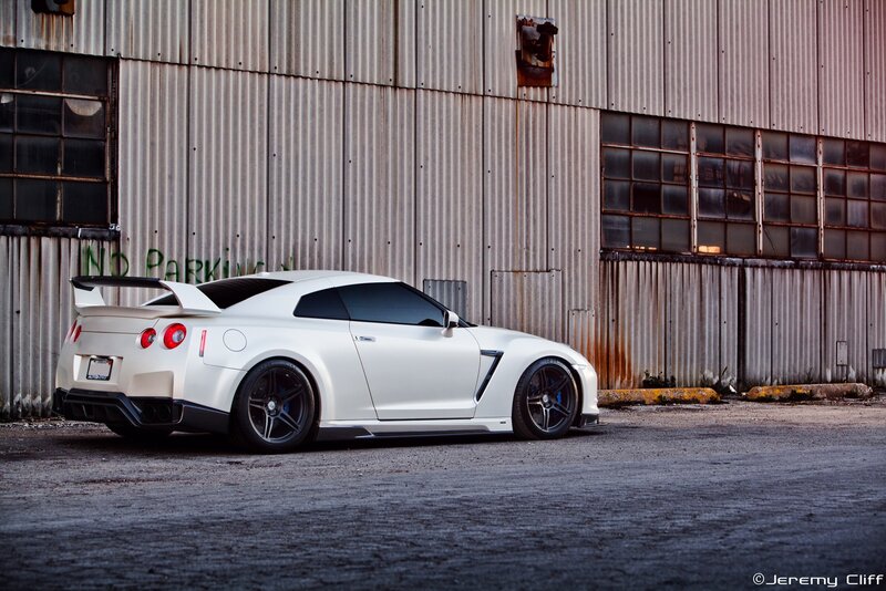 White Nissan GT-R in industrial setting