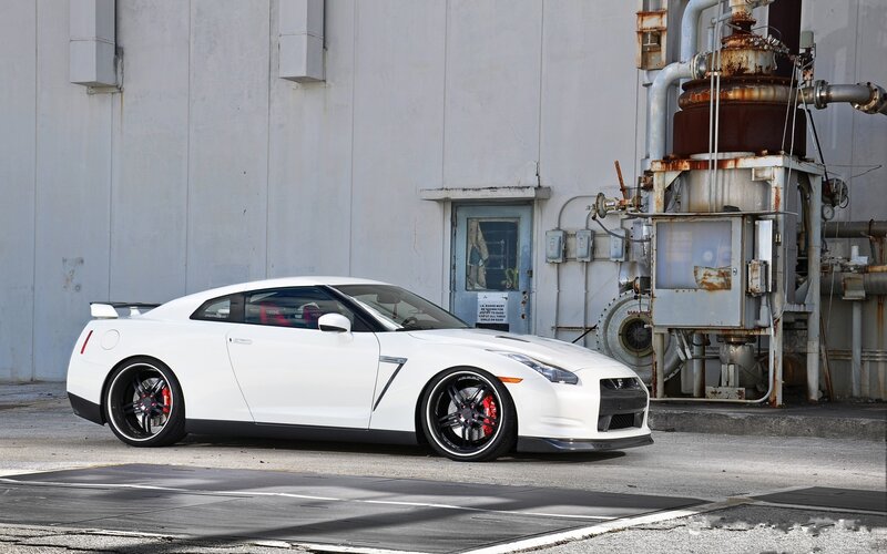 White Nissan GT-R in industrial setting