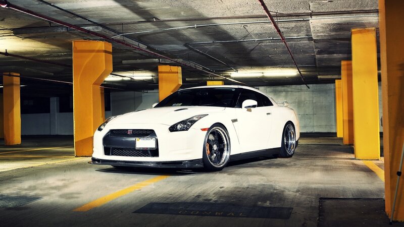 White Nissan GT-R in parking garage