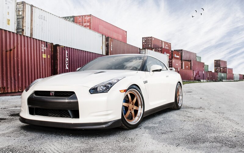 White Nissan GT-R in shipping yard