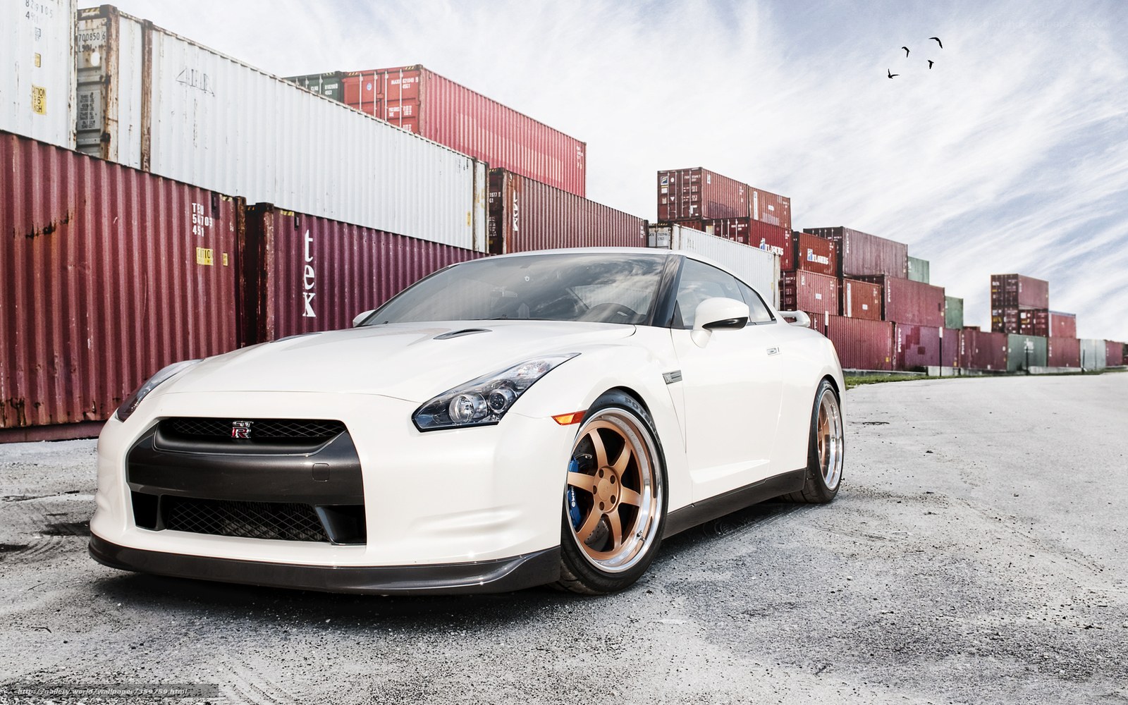 White Nissan GT-R in shipping yard