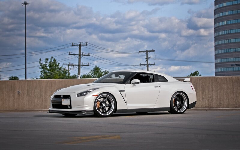 White Nissan GT-R on a city street