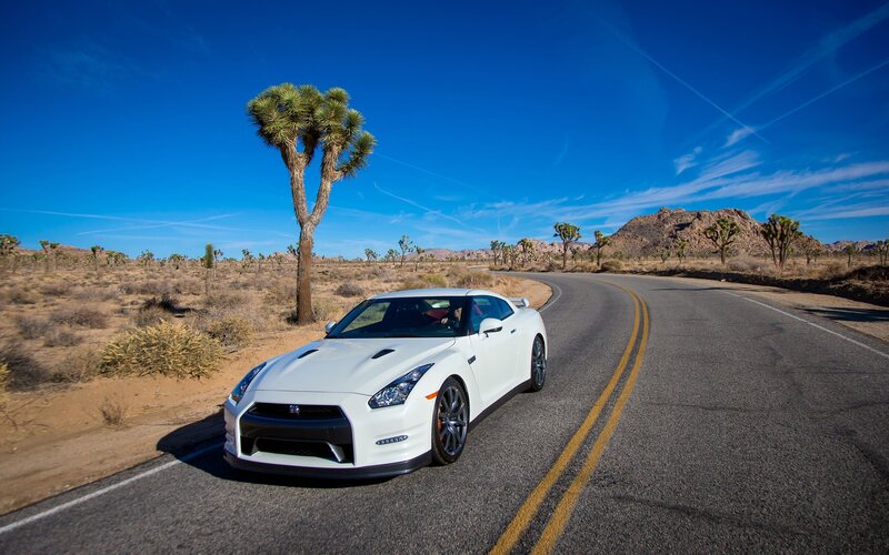 White Nissan GT-R on desert road