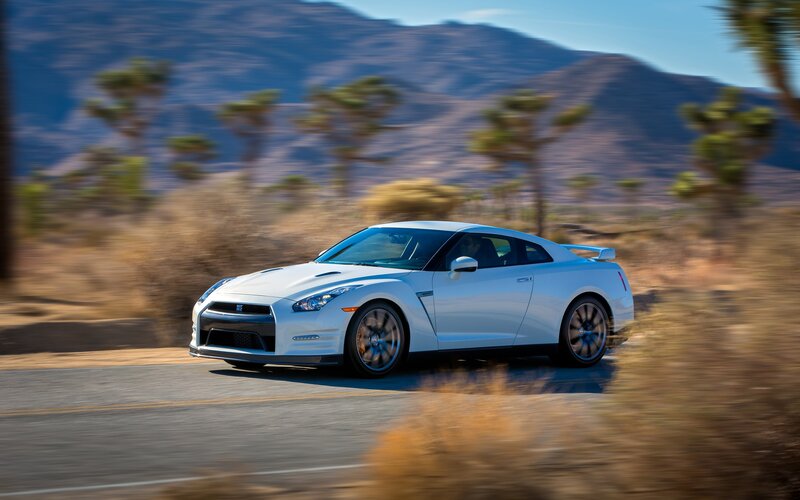 White Nissan GT-R on desert road