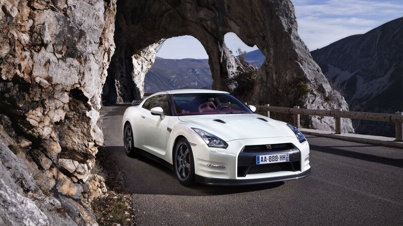 White Nissan GT-R on mountain road