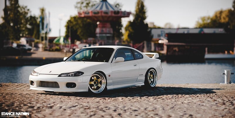 White Nissan Silvia on cobblestones
