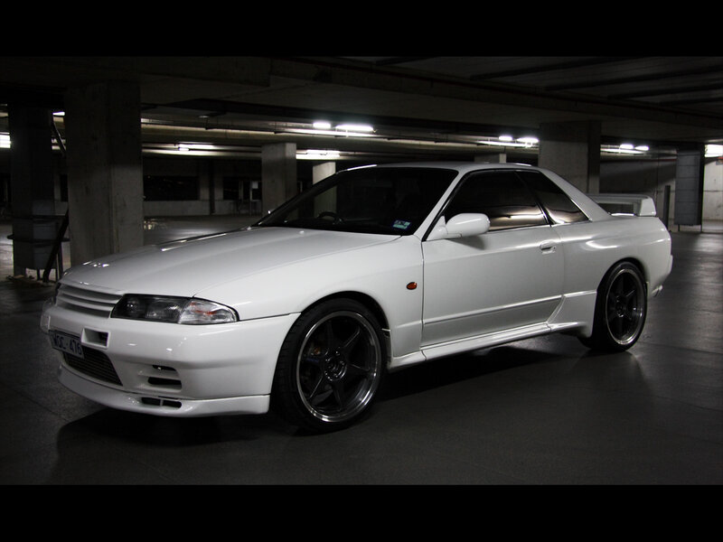 white nissan skyline in garage