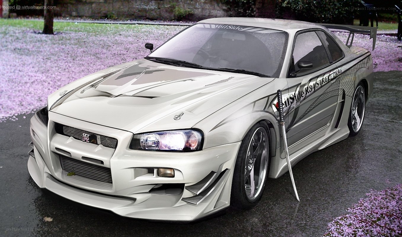 white nissan skyline with sword