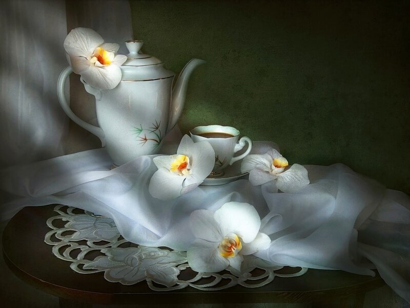 White Orchids with Tea Set