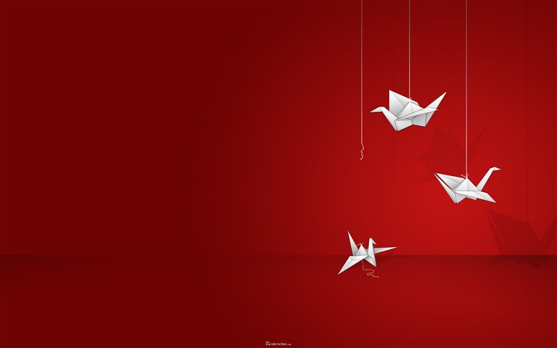 White Origami Cranes — Red