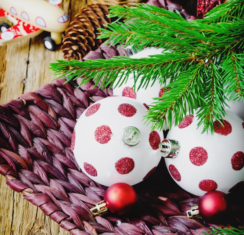 White Ornaments with Red Polka Dots