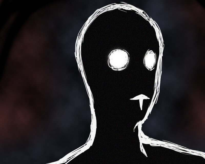 white outline figure with glowing eyes
