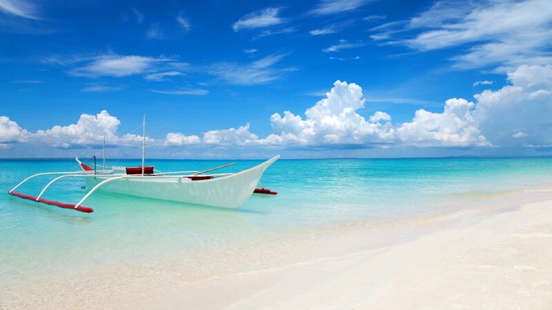 White Outrigger Boat — Blue, Serene