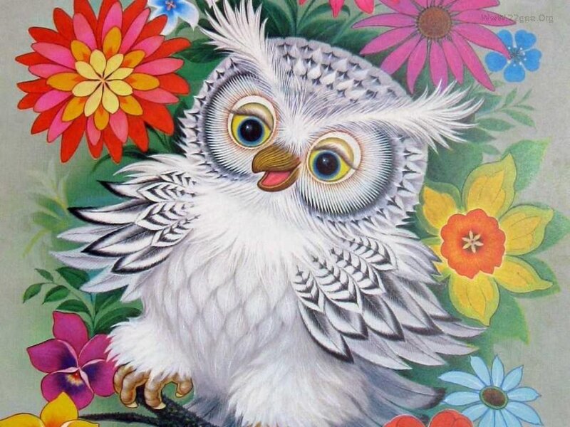 White Owl Among Flowers — Colorful
