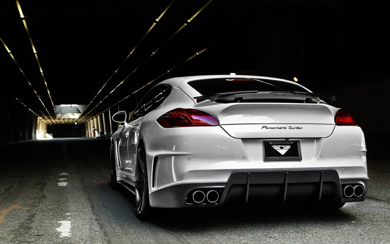 white panamera turbo in tunnel