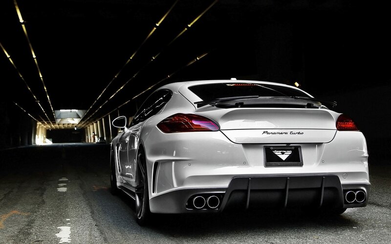 white panamera turbo in tunnel