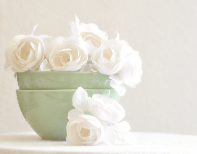 White Paper Roses in Bowl