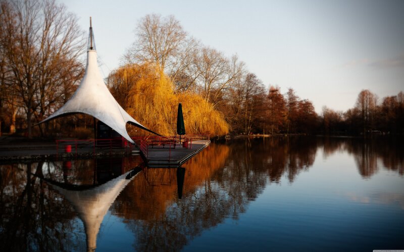 White Pavilion on Lake — Blue