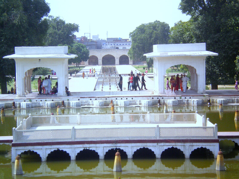 White pavilions in a garden
