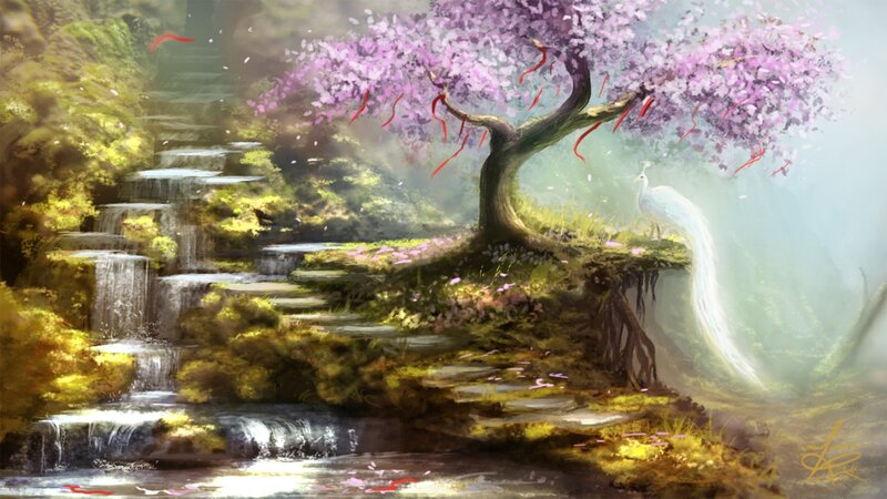 White Peacock under Tree — Purple, Serene, Spring, Digital Art